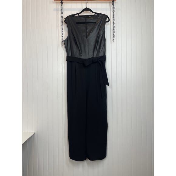 Calvin Klein Mix Media Cropped Jumpsuit Black with Faux Leather Top V-Neck 16 - Picture 1 of 9